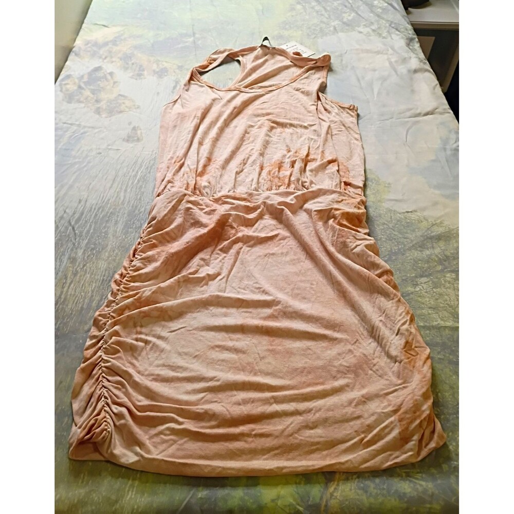 LaClef Pink Ruched Knit Cotton Maxi Dress Scoop Neck Stretch Pullover Size L